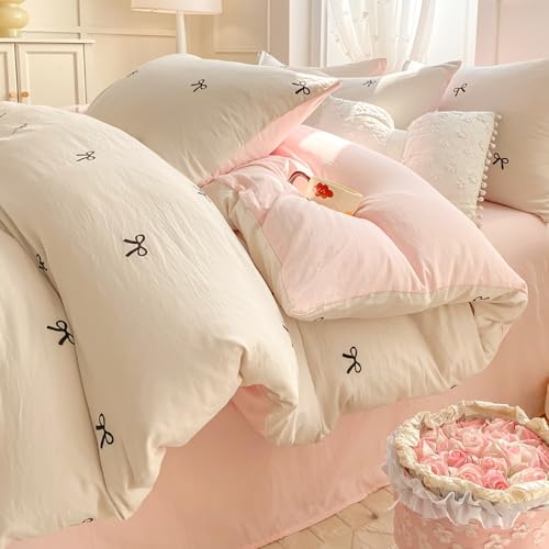 Image of Nayoroom Bow Duvet Cover Queen Size Reversible Pink Coquette Duvet Cover 3 Pieces Soft Lightweight Microfiber Kids Girls Cute Aesthetic Dorm Bedding Set, White /Pink
