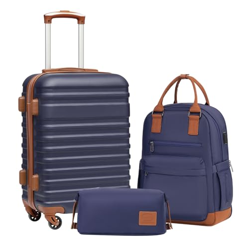 Image of Coolife 3 piece luggage Carry On Hardside Set Backpack,Navy(BP /TB /20) | 360 Smooth Spinner Wheels;Smart Trolley Sleeve;Water-Resistant Fabric;Organized Divider Interior;Lightweight ABS