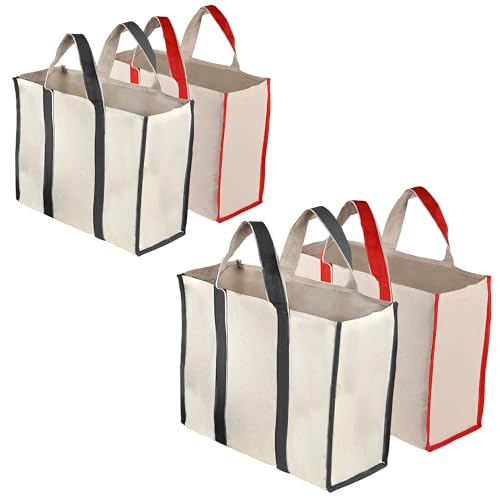 Kuber Industries (Pack of 4) Shopping Bag | Vegetable Bag for Market | Jute Fabric | Foldable Grocery Hand Bag | Grocery Bag for Milk-Fruits | Shoulder Jhola Bag | Patti Design | White