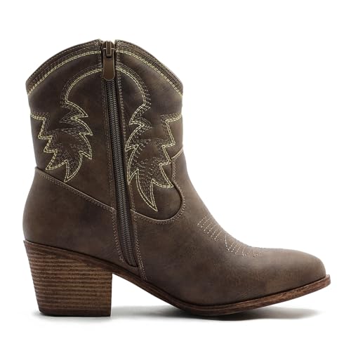 Image of GLOBALWIN Women's Cowgirl Boots Ankle Brown Cowboy Boots With Embroidered Stitching Low Heel Comfortable Western Boots For Country Outfits