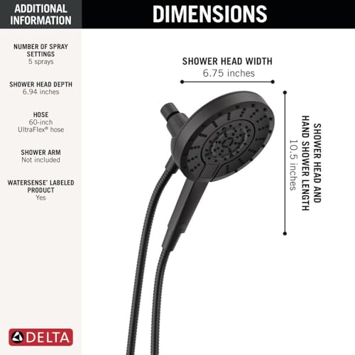 Image of Delta 5-Setting In2ition 2-in-1 Dual Shower Head with Handheld High Pressure ProClean Spray, Matte Black Detachable Shower Head with Hose, 1.75 GPM Flow Rate, Matte Black 75548BL