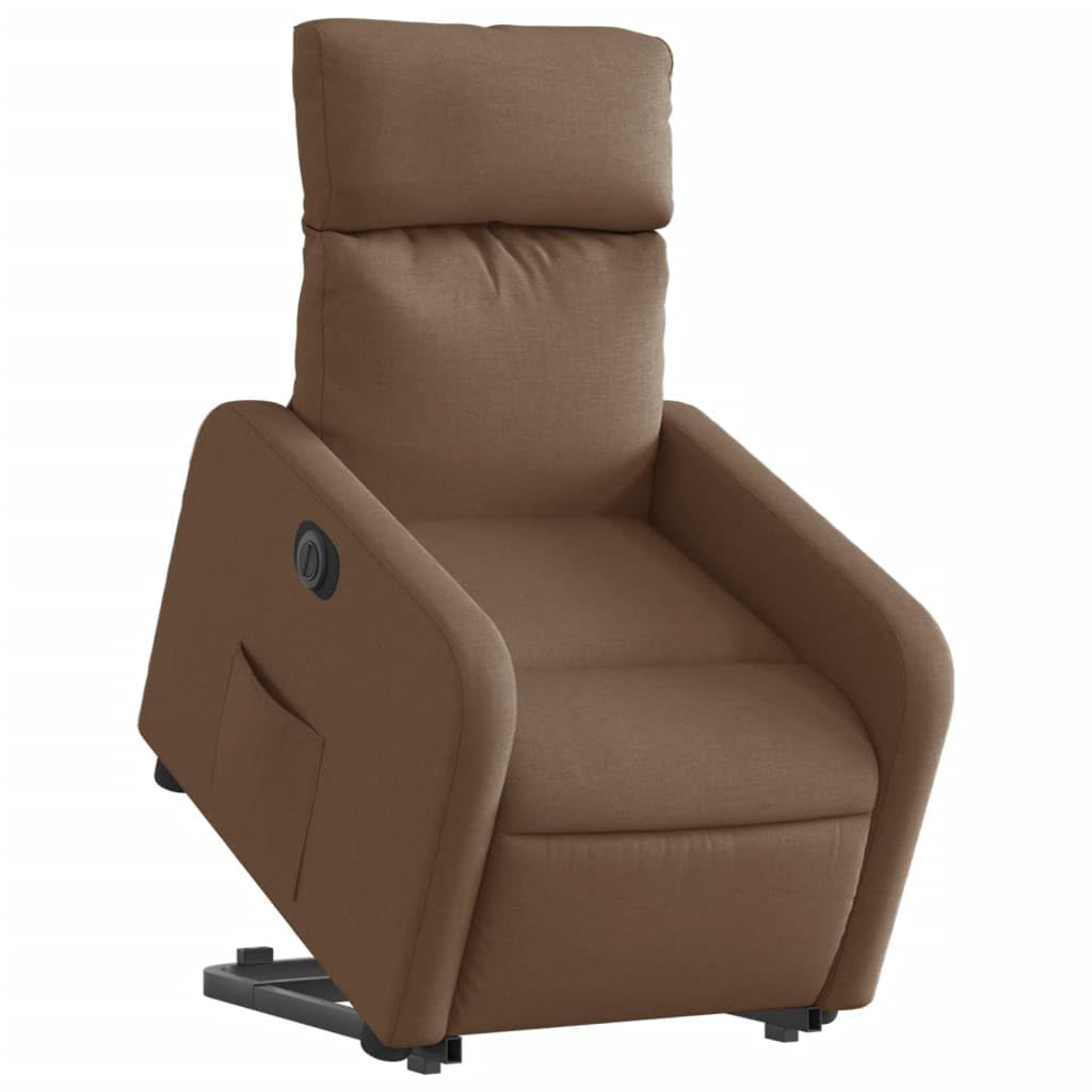 Sillón elevador reclinable eléctrico marrón tejido con motor para elevación y función reclinación automática hasta 135 grados, estructura estable de madera y metal,