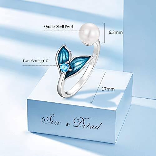 Forever Queen Mermaid Tail Ring, S925 Sterling Silver Dolphin Tail Adjustable Finger Ring For Women Girls Open Ring With Blue Cubic Zirconia& Shell Pearl Birthday Day Gift #TOP2