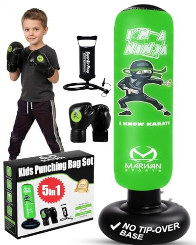 Image of Marwan Sports Ninja Kids Punching Bag - Inflatable Sensory Toy & Birthday Gift for Boys & Girls Ages 4-12, 63 inch Freestanding 5-in-1 Kit, Indoor Apartment-Quiet Sensory-Friendly Active Play