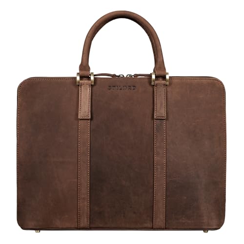STILORD 'Leonora Maletín de Cuero Vintage Delgada Bolso Trabajo Mujer - Elegante Bolsa de Oficina para Ordenador Portátil 15,6-16 Pulgadas de Cuero Genuino con Pies Color:veleta - marrón