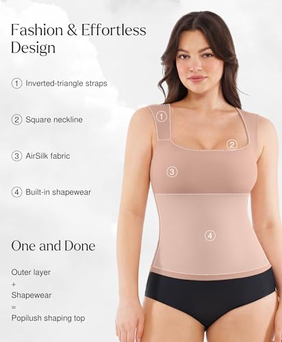 Image of Popilush Tank Tops for Women Square Neck Shapewear Tummy Control Shirts Sleeveless Basic Double Lined Going Out Top