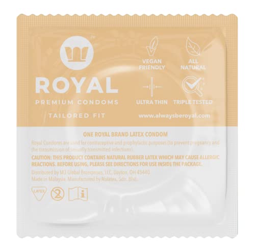 Royal Ultra Thin Condoms - Premium Lubricated Condom Pack with Unflavored Edible Lubricant - Organic & Vegan-Safe Max Fun & Pleasure Latex Rubbers - Triple Tested for Safety - Regular Size, 100 Pack