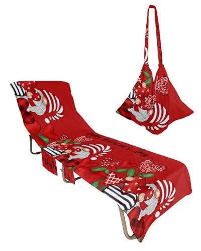 Valentines Gnomes Red Beach Chair Towel Covers for Chaise Lounge with Side Pocket, Soft Plush Pool Towels Cover for Patio Sunbathing Outdoor 29''x85'' Stripes Plaid Love Rose Flower