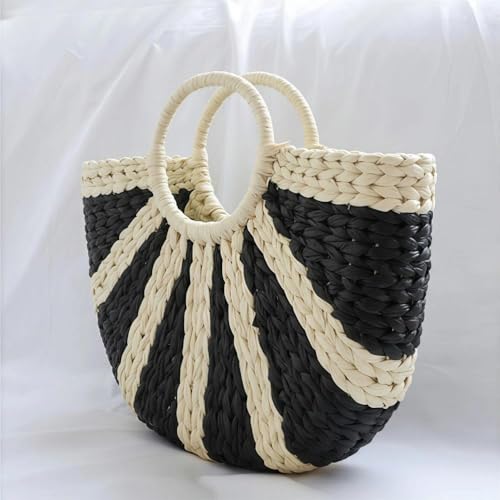 Bolso redondo retro de paja trenzada azul y beige miniatura 7