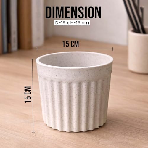 Image of Go Hooked 6 Inch Plastic Plant Pot Set of 5 | White Marble Texture Ribbed Planters, Stylish Modern Design | Decorative Indoor Outdoor Flower Pots for Balcony, Living Room, Garden, Home & Office Decor