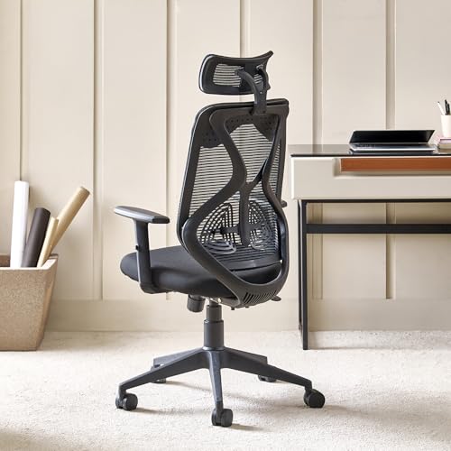 Image of Home Centre | Yuva Ergofit Office Chair | Ergonomic Study Chair | Polyester Blend | Black | 1 Year Warranty