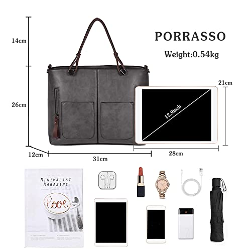 PORRASSO Vintage Handbag Women Shoulder Bag Large Top-Handle Bags PU Leather Crossbody Bag for Shopping Business Work Grey3