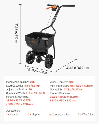 Image of VEVOR Broadcast Spreader 15 lbs Capacity Hopper Walk-Behind Push Spreader | For Lawn & Garden Small Home Use, 9.8 ft Spreading Width, 10 inch All-Terrain Tires, Adjustable Flow Control for Fertilizer Seed | For Lawn & Garden Small Home Use, 9.8 ft Spreading Width, 10 inch All-Terrain Tires, Adjustable Flow Control for Fertilizer Seed