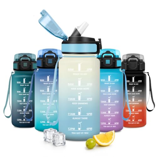 JAPORIA Cantimplora 500ml, Botella de Agua con Pajita, Botella Agua con Marcador de Tiempo, sin BPA, Reutilizable, Cantimplora para Escuela, Oficina, Camping, Senderismo