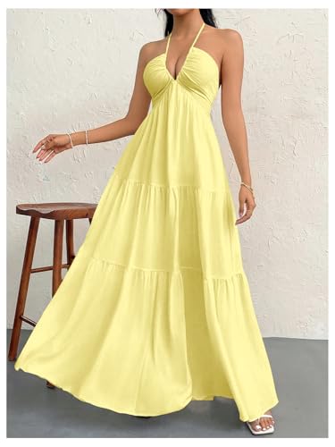 Image of SHENHE Women's Deep V Neck Tie Knot Backless Halter Dress A Line Flowy Ruffle Maxi Dress