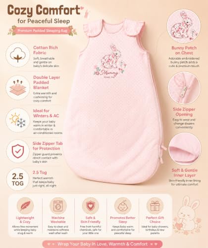 Image of TuddyBuddy Baby Cotton Wearable Quilted Sleeping Bag Blanket 1.5 Tog with 1 Way Zipper Closure | Ideal for Babies & Kids Hypoallergenic Fabrics | (Bunny Patch - Pink Polka, 18-24 Months)