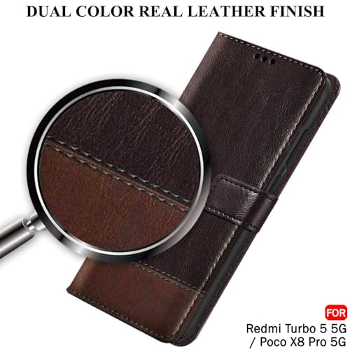 Image of TheGiftKart Flip Back Cover Case for Mi Redmi Turbo 5 5G / Poco X8 Pro 5G | Dual-Color Leather Finish | | Inbuilt Stand & Pockets | Wallet Style Flip Back Case Cover (Faux Leather, Coffee & Brown)