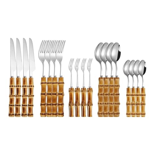 20/30pcs Bamboo Tableware Set Stainless Steel Nature Handle Retro Dinnerware Cutlery Steak Knives Table Fork Spoon Dessert Gift(