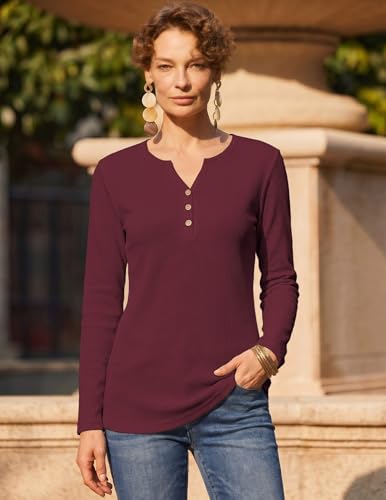 Zeagoo Long Sleeve Waffle Knit Tops for Women 2026 Blouses for Women Dressy Casual Shirts for Women 2XL Dark Red — view 5