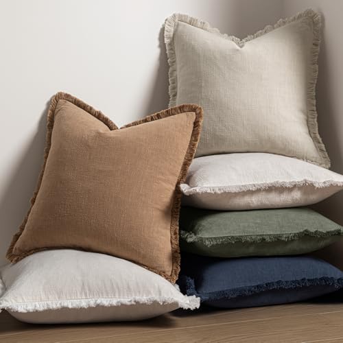 Image of MIULEE Decorative Lumbar Throw Pillow Covers Neutral Linen Fringe Throw Pillows Set of 2 Natural Beige Boho Farmhouse Cushion Covers for Couch Sofa Bed Living Room Spring Home Decor 12x20 Inch