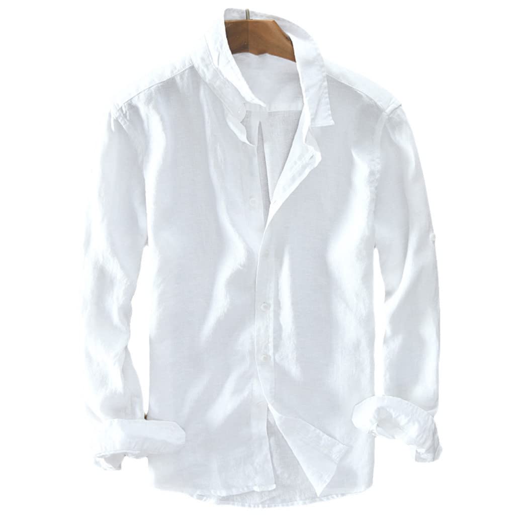 Italia estilo 100% lino camisa de manga larga, hombres casual sólido blanco camisas, rosa, M