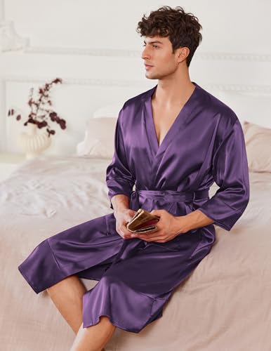 Ekouaer Mens Satin Robe Lightweight Silky Kimono Bathrobe 3/4 Sleeve Spa Knee Length Loungewear with Pockets S-3XL4