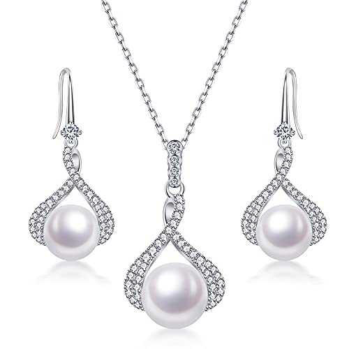 Immobird Luxuriös Perlen Schmuckset Damen 925 Sterling Silber 8mm Weiß Süßwasserperlen Glitzer Unendlichkeit Ketten und Ohrringe Set für Damen Mama Braut Oma Cover