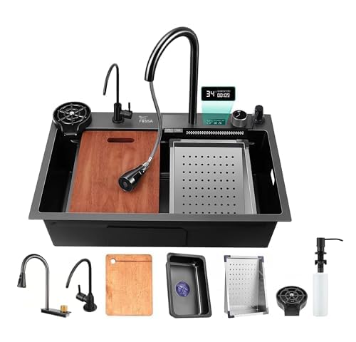 Fossa 30"x18"x09" Fully Equipped Kitchen Sink with Integrated Waterfall and Pull-down Faucets -Stainless Steel Sink with LED Pannel and Touchscreen Digital Display with All Accessories (Black) (B0CW1MNXPM) Amazon Price History, Amazon Price Tracker