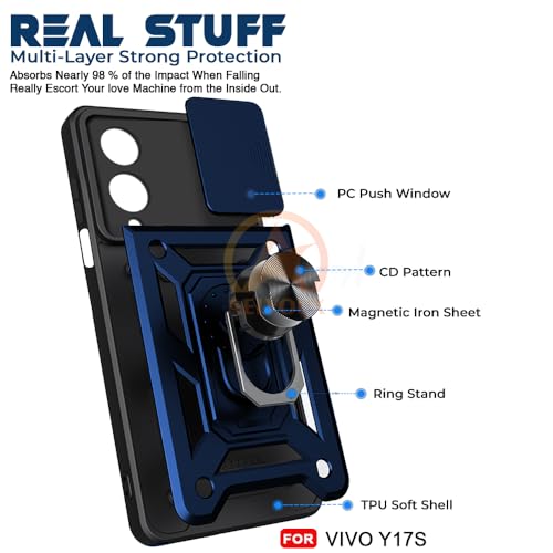 Image of Armor Bumper Back Cover Case for Vivo Y17S Rotating Camera Cover, Ring Holder & Kickstand | Heavy Duty & 360 Degree Protection Vivo Y17S Back Cover (Blue)