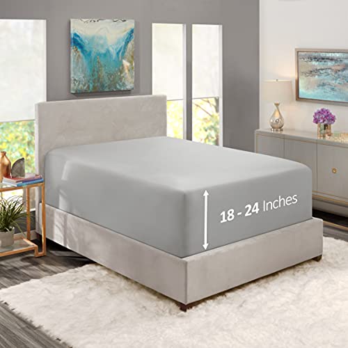 Image of Hearth & Harbor Extra Deep Pocket Twin Fitted Sheet - Fits 18 to 24 Inch Mattress - Ultra Soft 1800 Microfiber, Wrinkle-Free & Breathable - Hotel Luxury Fitted Sheet Only, Light Grey
