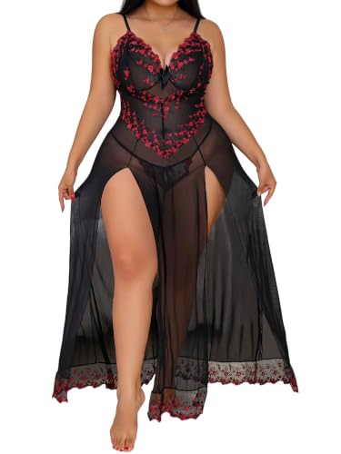 Image of Alrovetoney Plus Size Lingerie For Women Babydoll Sexy Mesh Maxi Nightdress Exotic Sleepwear Side Slits