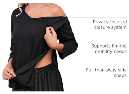 Image of Post Shoulder Surgery Shirts for Women Tear Away 3 /4 Sleeve Full Open Side Snap Dialysis Chemo Adaptive Clothing