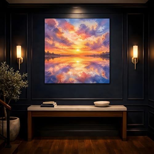 Tableau nature sunset lake orange pour salon 50x50 cm carré