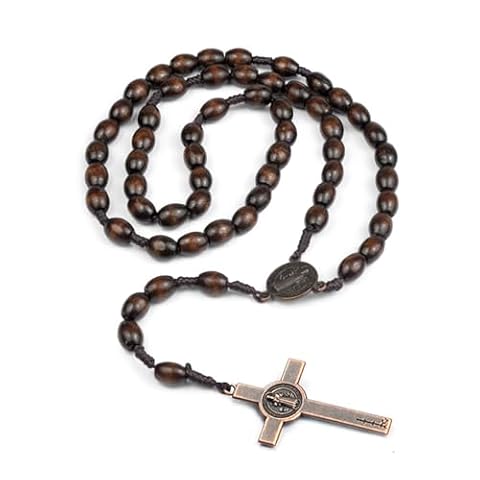WeddHuis Różaniec naszyjnik z naturalnego drewna, łańcuszek modlitewny, katolicki krzyż Jezus Chrystus, święty Benedykt, medal dla chrześcijan katolickich, komunii religijnej, chrztu, mszy biblijnej
