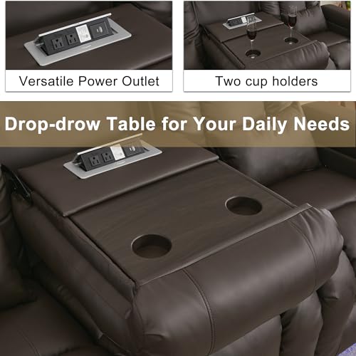 Image of URRED Power Loveseat Recliner Sofa with Massage and Heat, Wall Hugger Reclining Loveseat with Console, RV Couch Home Theater Seating with LED Lights for Living Room (Dark Brown, 89.8 inch - 3 Seats)