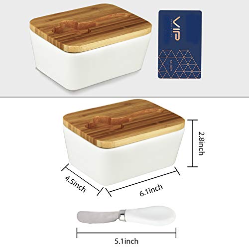 Butter Dish, OAMCEG Porcelain Ceramic Butter Container, Large Butter Keeper with Wooden Lid and Steel Knife, Airtight Butter Storage Container with Cover Holds Up to 2 Sticks of Butter