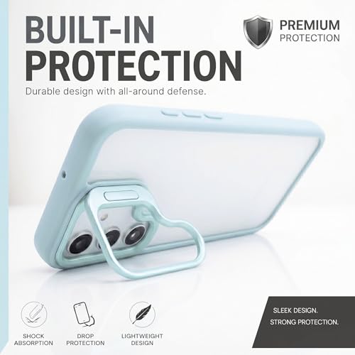 Image of amazon basics Frosted Matte Case for Samsung Galaxy S24 5G | Built-in Flip-Out Camera Lens Stand | Translucent Back with Contrast Blue Bumper | Shockproof Protective Cover with Foldable Kickstand