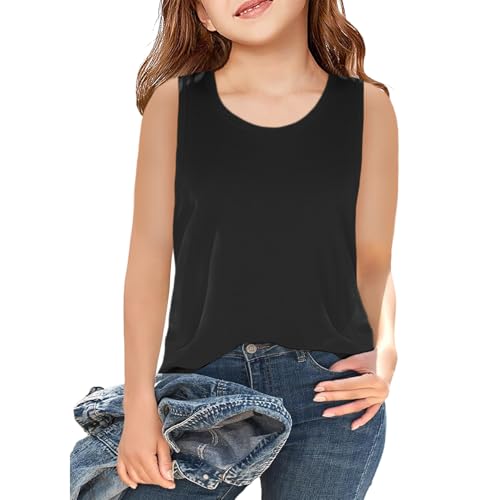 Image of Girls Sleeveless Basic Tank Tops Round Neck Tanks | 5-14 Years, Kids Loose Crewneck Tanks, Cute Classic Top, Lightweight Soft and Breathable, Casual Daily Wear