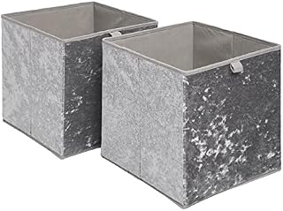 OHS Pack Of 2 Crushed Velvet Storage Boxes Set Home Bathroom Collapsible Foldable Toys Pop Up Folding Cube Box, Charcoal Grey