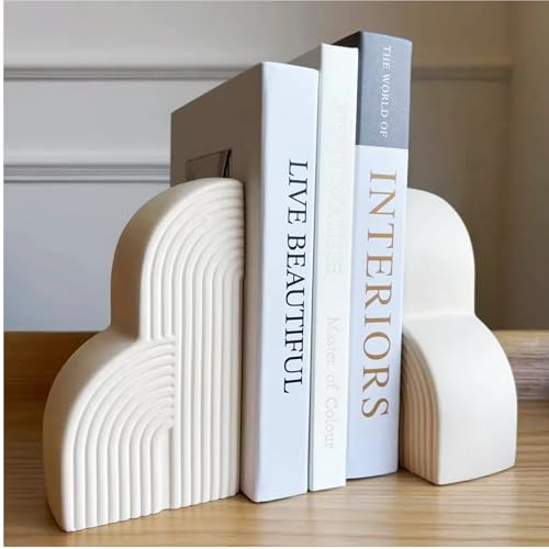 Concrete Bookends Decorative for Heavy Books - Aesthetic Boho Style Set of 2, White Decorative...
