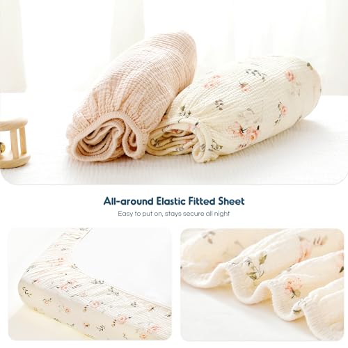 Image of GRSSDER 100% Cotton Muslin Crib Sheet 2 Pack - Breathable & Ultra-Soft Fitted Crib Sheets for Standard Baby & Toddler Mattresses, 52 inchx28 inch with 9 inch Deep Pocket, Snug Fit All-Around Elastic