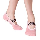 Aprilaugust Yoga Socks with Non Slip Grips & Leopard Strap, Perfect for Pilates, Barre, Ballet (Pink