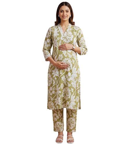 Image of DUMMY SHAPE Maternity Dresses for Women Cotton | Floral Kurta Pant Dupatta Set with Nursing Zippers, Side Pocket | Pre & Post Pregnancy | Feeding Kurti Suit | Baby Shower | Gifts for Pregnant Woman