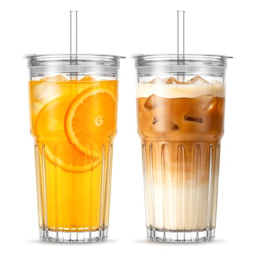 Image of INSETLAN 20oz Clear Glass Cups & Tumbler Set with Lids & Straws - 2-Pack, Reusable Drinking Cups for Iced Coffee, Smoothies, Tea, Juice, Leak-Proof, Spill-Proof, Ideal for Home and Outdoor Use