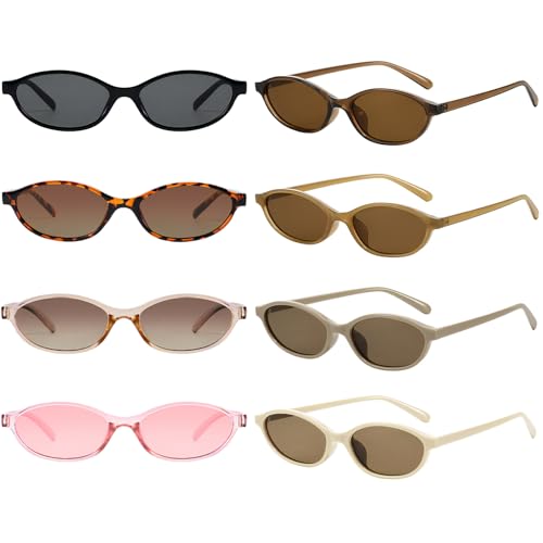 Pibupibu 8 Pack Retro Oval Cat Eye Sunglasses for Women 90s Design Small Sun Glasses Y2k Trendy 90s Narrow Shades Set