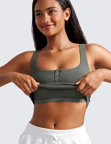Image of CRZ YOGA Ribbed Henley Crop Tank Tops | Medium Support, Removable Pads, Casual, Square Back, Wide Straps, Longline Sports Bras for Women