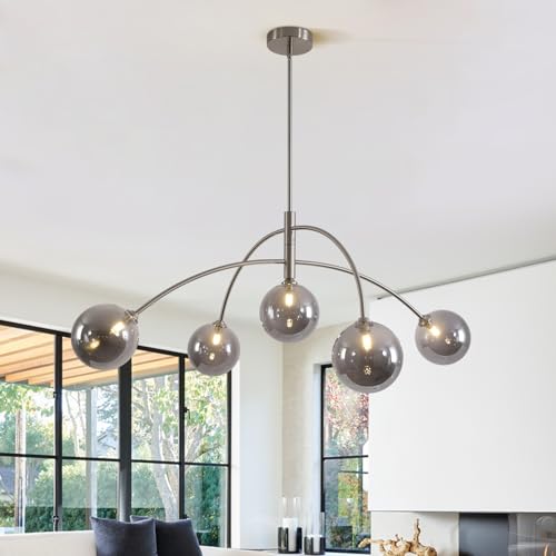 Image of Modern Silver Chandelier 5 Light Smoke Gray Semi Flush Mount Chandelier Vintage Industrial Ceiling Light for Dining Room Kitchen Bedroom Hallway