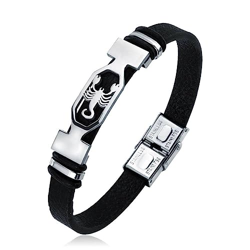 12 Braccialetti Zodiacali - 12 Costellazioni Bracciale Uomo Donna Segno Zodiacale Gioielli Bracciale Avvolgente In Pelle Nera, Bracciale Regolabile Amicizia Gioielli Per Donna, Scorpione, 19Cm