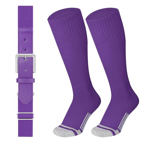 LEACOOLKEY Baseball Belt and Socks Combo Set Softball Soccer Socks and Elastic Belt for Adult Men Women Purple