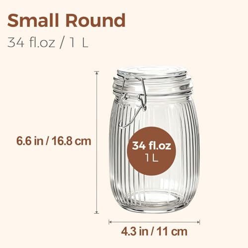Image of ginoya brothers Lining Textured Airtight Glass Storage Jar with Clip Lock Lid - Kitchen & Pantry Organizer, Multiple Sizes For Dry Food, pickles, beans, cookies (6, 1000 ML)